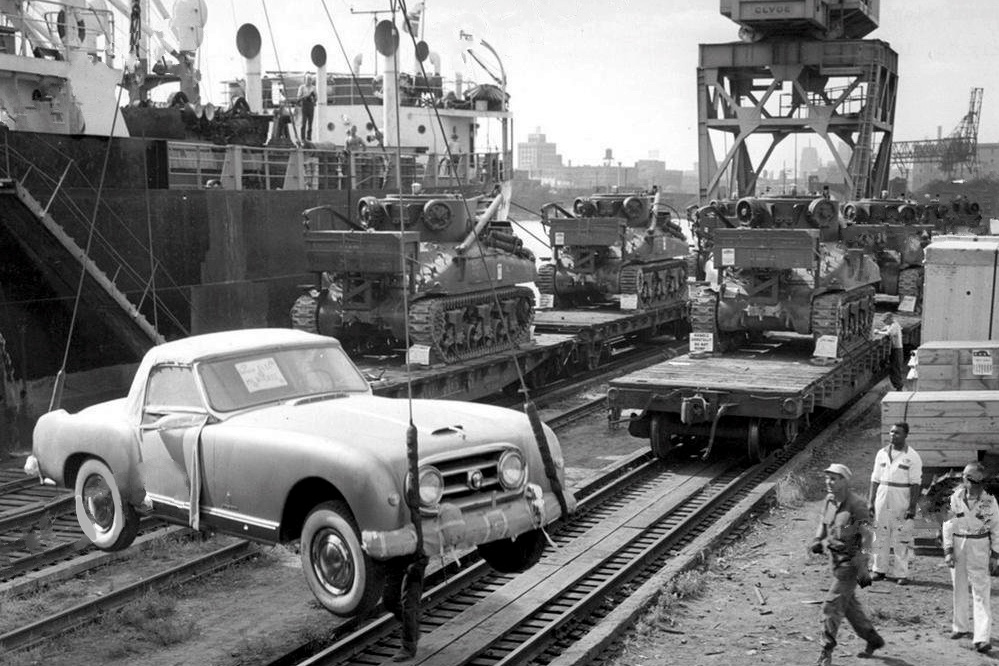 1952 Nash Healey being unloaded at the docks at Millwaukee Wisonsin